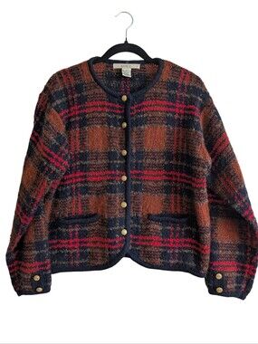 Lise J Wool Blend Plaid Sweater Cardigan Gold Button Northern Isles Blue Sz Med